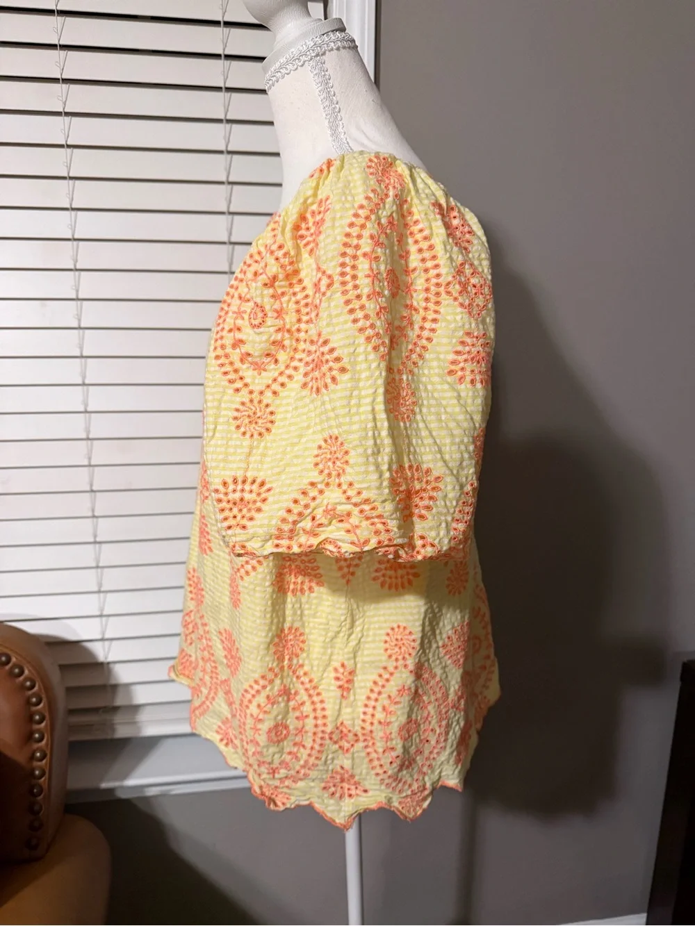 Lilly Pulitzer Yellow Square Neck Puff Sleeve Top with Coral Embroidery